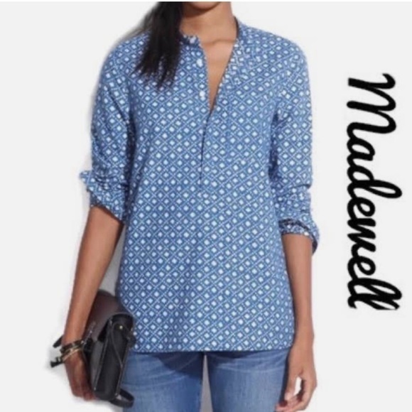 MADEWELL CHAMBRAY FLORAL STAMP POPOVER BLOUSE SIZE XS - Picture 2 of 9